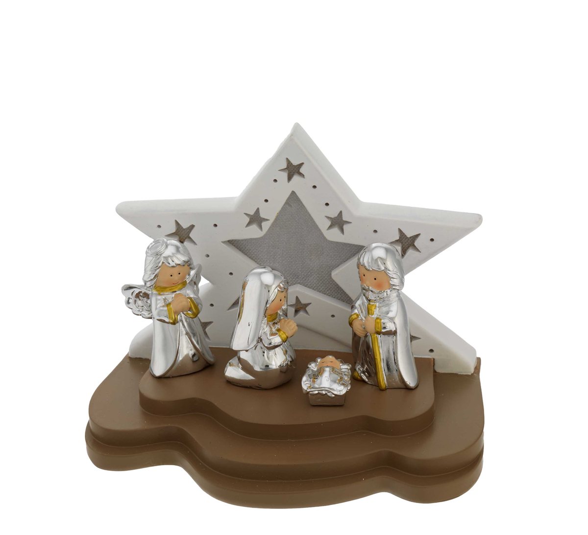 Capanna con led stella piccola bianco e tortora + presepe europeo 4 pzi (3 pzi + angelo)